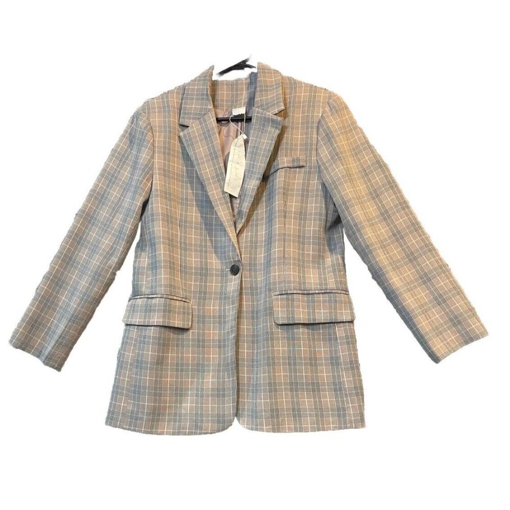 Silk & Salt Womens Medium‎ Single Button Blazer Tan Plaid NEW Career Preppy